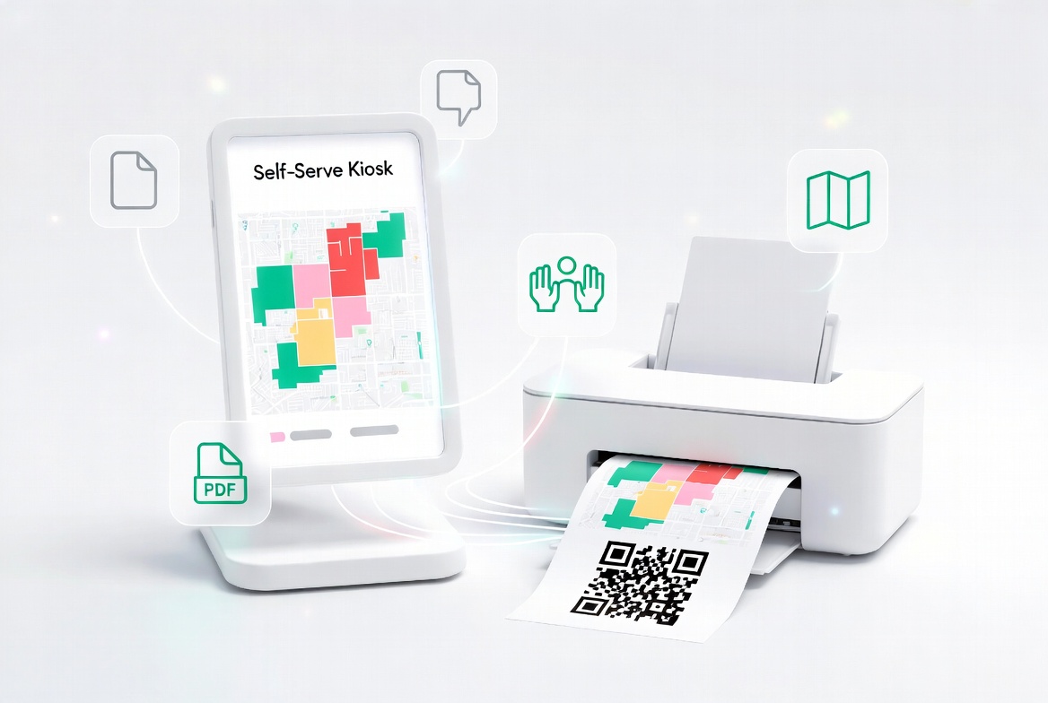 Printed map with QR code for kiosk integration